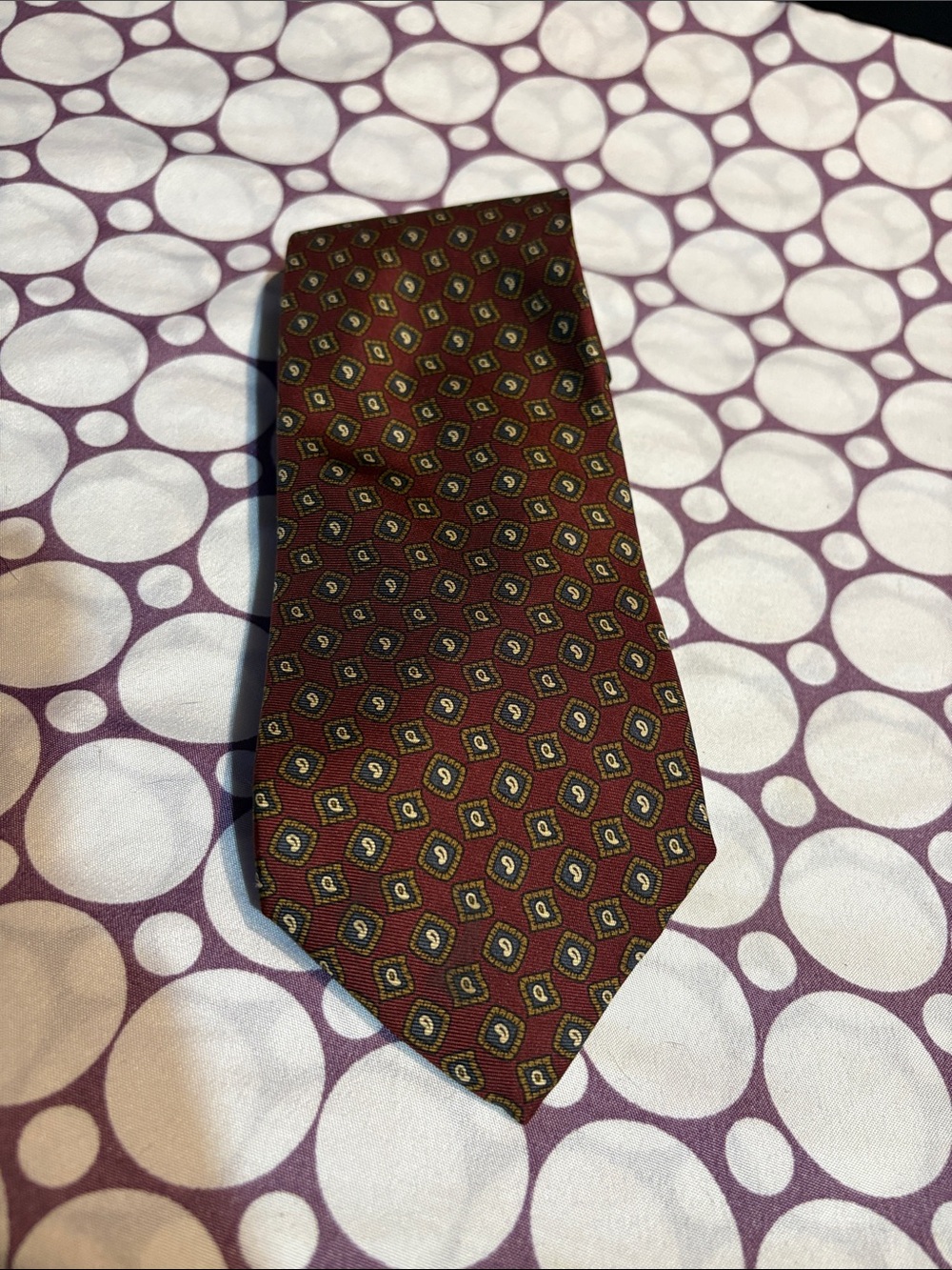 Lands' End Burgundy Silk Tie with Gold and Navy Medallions